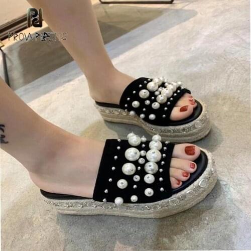 2021 summer hemp rope woven platform slippers rhinestone pearl open toe casual fisherman shoes womens shoes