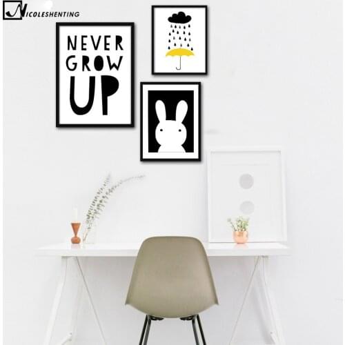 Cute Cartoon Bunny Cloud Umbrella Canvas Painting NEVER GROW UP Poster Children Bedroom Baby Room Wall Art Decor Pictures Mural