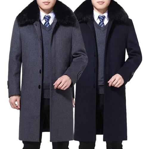 New Men High Grade Woolen Coat Men Windbreaker Thickened Rabbit Hair Collar Casual Covered Button Liner Velvet Plsu Size M-4XL