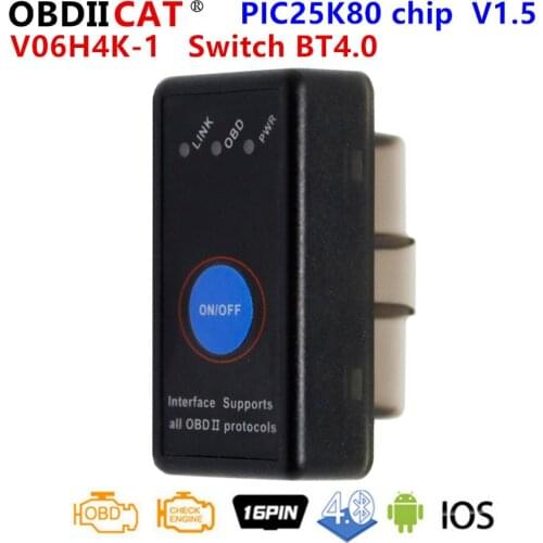 OBDIICAT ELM327 Mini New V06H4K Switch Pic25k80 Bluetooth Super V1.5 OBD2 Scanner Car Diagnostic Tool Support Android Windows