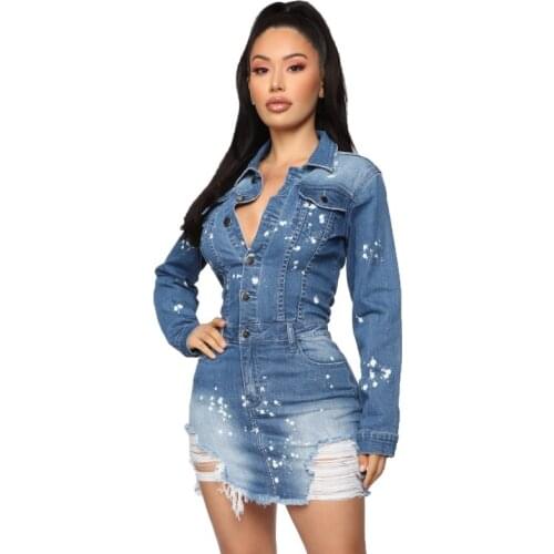 Slim Stretch Denim Dresses For Women Full Sleeve Ripped Hole Hollow Short Jeans Dress 2021 Spring Autumn New Streetwear Vestidos