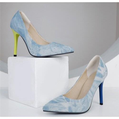 Shoes 10cm High Heel Pumps Women Novely Pointed Shallow Mouth Sexy Thin Stiletto Canvas Shoes Party Evening 2021 Large Size 45