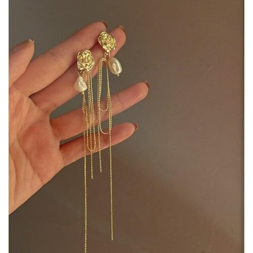 Minar Retro Gold Color Rose Long Tassel Baroque Freshwater Pearl Chains Flower Drop Dangle Earrings for Women Wedding Jewelry