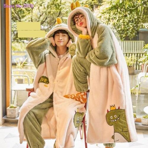 Women Autumn and Winter Plush Cartoon Slepwear Set Plus Velvet Male Home Wear Couple Pyjama Cute Warm Thicken Hooded Pajamas