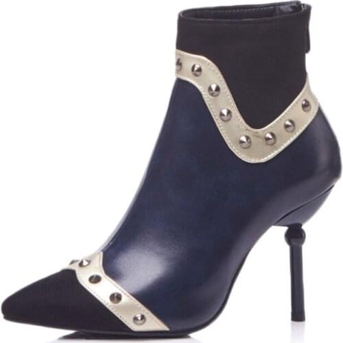 BeckyWalk Women Boots High Heels Pointed Toe Ankle Boots Thin Heels Autumn Shoes Women Winter Fashion Rivets Lady Shoes WSH3056