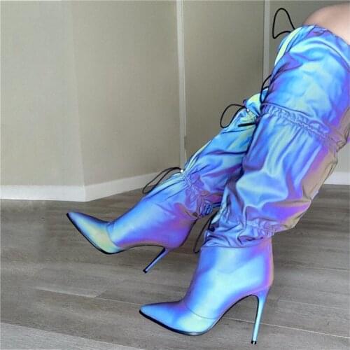 Women Elastic Bandage Knee Boots Woman Intrigue Colorful Reflective Cloth Pointed toe Long Boots