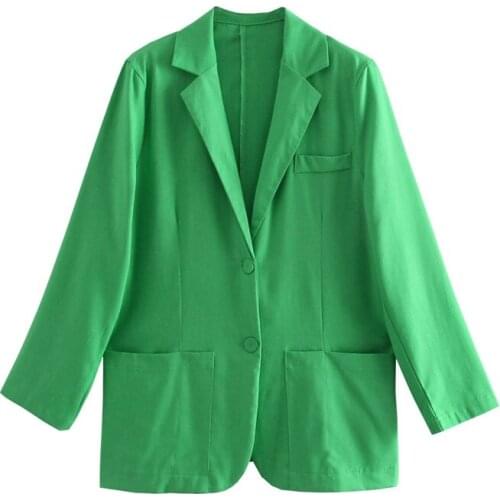 TRAF Women 2021 Fashion Green Color Linen Blazer Coat Female Chic Pockets Business Casual Cardigan Suits Streetwear