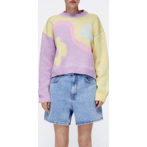 ZA pullover 2021 early autumn new style womens clothing sweet color matching round neck long-sleeved flower jacquard sweater