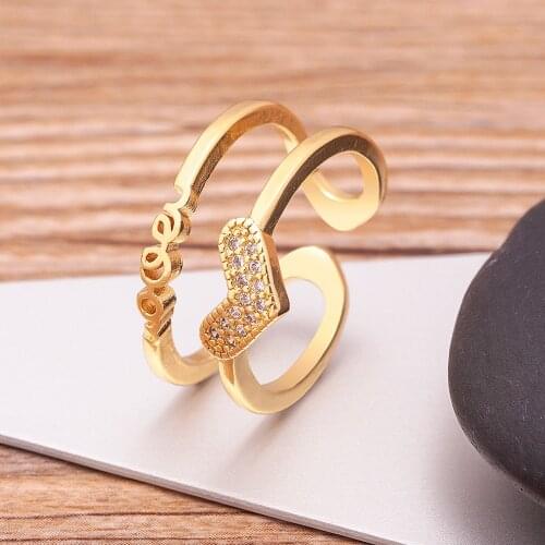 New Luxury Zircon Gold Double Layer Opening Heart Rings For Woman Fashion Gothic Finger Wedding Party Jewelry Adjustable