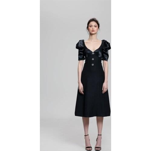 Newlife Summer Womens A-LINE Pile up sleeves V-Neck Celebrity Black Button High Quality Women Dress Evening Party Dress