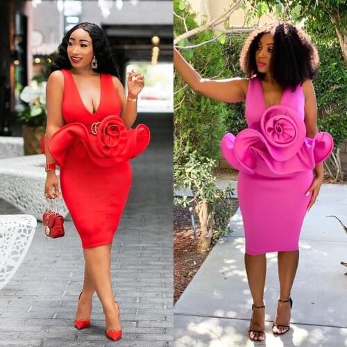 2020 Cheap African Simple Cocktail Dress With Big Flower V-neck Knee Length Formal Wear Evening Prom Party Gowns