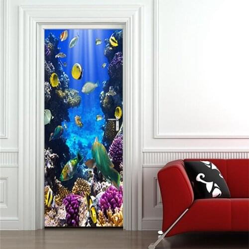 3D Underwater World Door Sticker Self Adhesive Wall Sticker DIY Renovation Waterproof Poster for Kids Bedroom Door