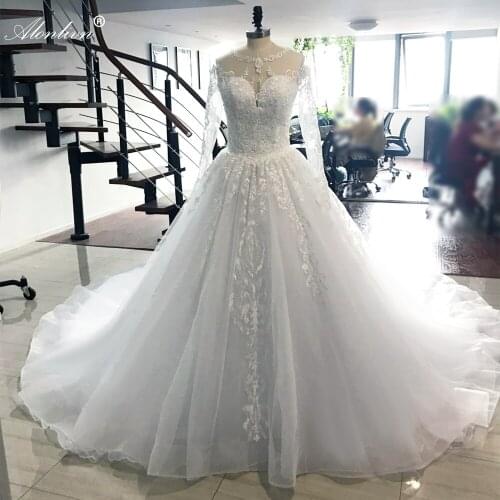Alonlivn Princess A-Line Wedding Dress Royal Train With Delicate Beads Full Sleeve Wedding Gown