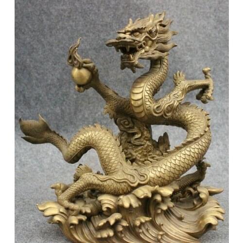 Fast shipping USPS to USA S1389 13" Folk Chinese Pure Brass Decorate Year Zodiac Fly Dragon Play Ball Statue