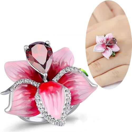 FDLK Luxury Pink Zircon Flower Rings For Women Fashion Rhinestone Wedding Promise Ring Female Jewelry Accessories 2020
