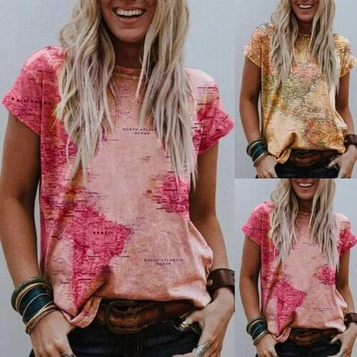 Short-Sleeved T-shirt Women Earth Map Text Print Round Neck Tops Graphic Fashion Tee Shirt Loose Casual Summer Tshirt Oversized