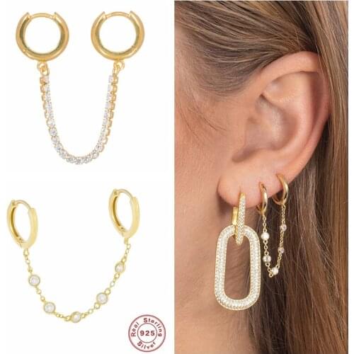 GS 925 Sterling Silver Double Circle Huggies Hoop Earring Safe Loop Clear Zircon Tassel Chain Earring For Women Fine Jewelry 1PC