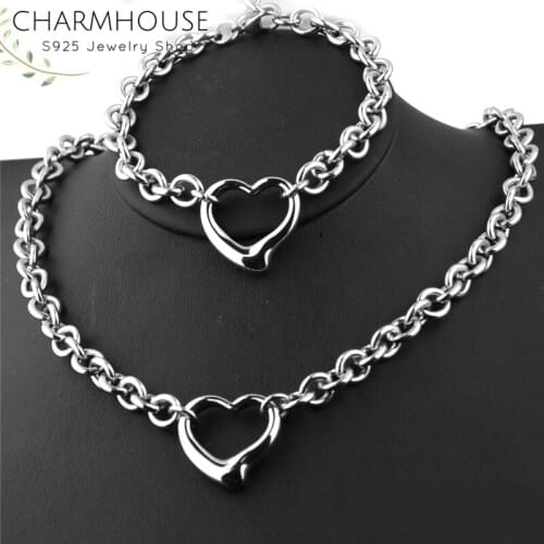 Charmhouse Silver 925 Jewelry Sets For Women Heart Charm Bracelet Necklace 2 pcs Costume Jewelery Set Accessories Bijoux Gifts