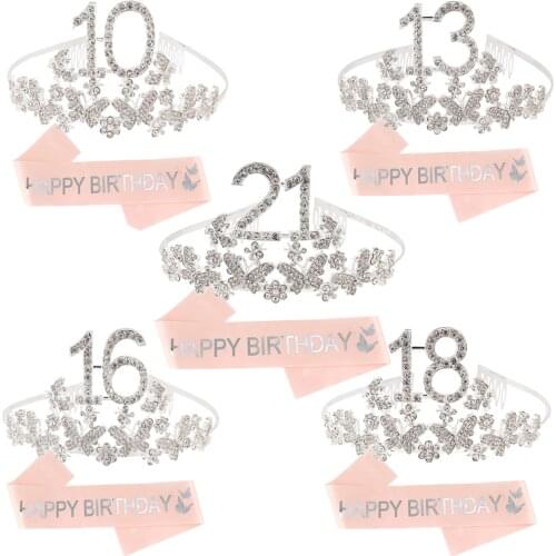 10th 13th 16th 18th 21st Birthday Sash and Crown for Girl Silver Crystal Tiara and Satin Sash Birthday Party Decoration Supplies