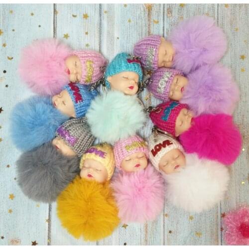 Cute Fluffy Sleeping Baby Keychain Pompom Faux Fur Ball Key Chain Car Keyring Women Key Holder Bag
