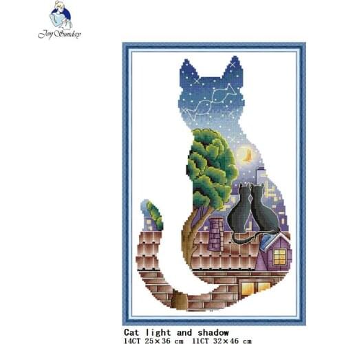 Joy Sunday Cat Light and Shadow DIY Cross Stitch Kit 11CT 14CT Printed Fabric Embroidery Needlework Set Home Decoration Painting