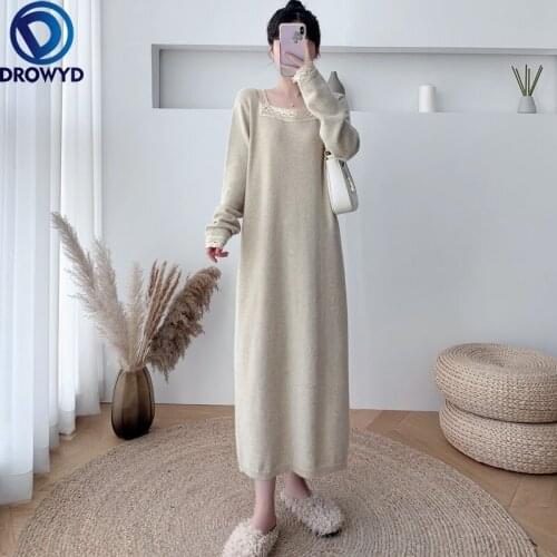 2021 New Autumn and Winter Thick Square Neck Lace Edge Design Knit Inner Dress Loose Sweater Dress Women Stretch Pullover Dress