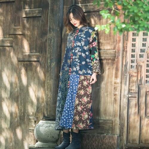 Women Autumn Winter Retro Random Patchwork Parkas Long Coat Female Overcoat Ladies Single Breasted Outerwear Vintage Fleeced