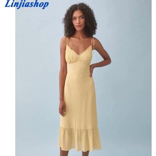 Sexy sling yellow midi dress women v neck sleeveless A-line lining long summer dresses mujer chiffon femme vestidos