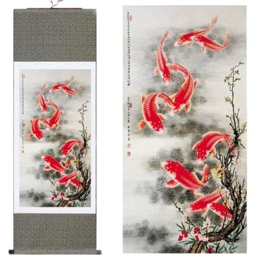 Silk painting gift / Lotus Nine fish Figure / Figure silk scroll painting lotus / Interior painting / tiger