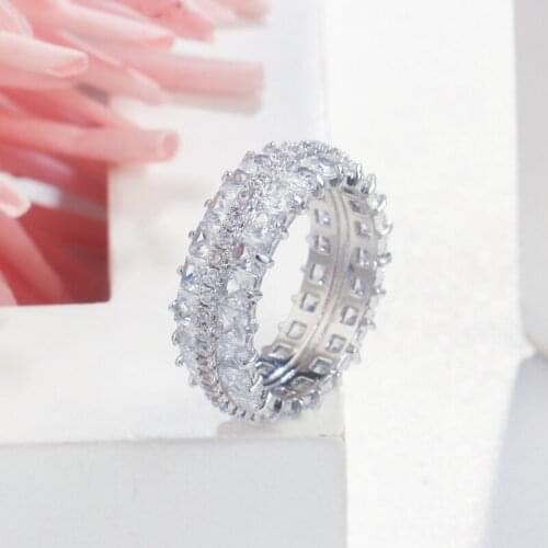 QooLady 2020 Sparkling White Double Row Square Cut Pave Full Cubic Zirconia Wedding Party Ring for Women Engagement Jewelry F064