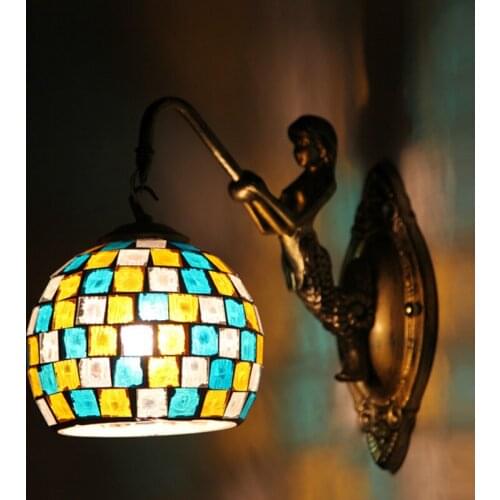 Retro industrial zone cafe bar wrought iron wall lamp modern handmade stained glass decoration bedroom bedside lamp LX111211