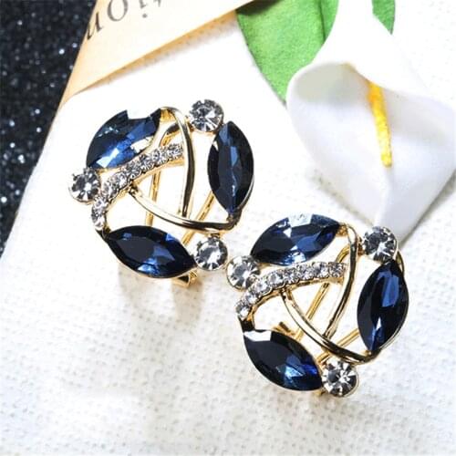 Luxury Female Crystal Red Blue Earrings Charm Small Hollow Clip Earrings For Women Vintage Yellow Gold Color Wedding Earrings