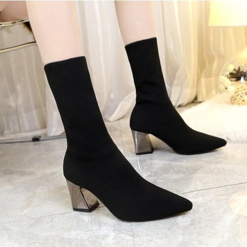 Sleeve Wool Pointed Toe Womens Boots Thick Heel Flying Woven Elastic Socks Boots Autumn New Style High Heel Womens Boots 34-43