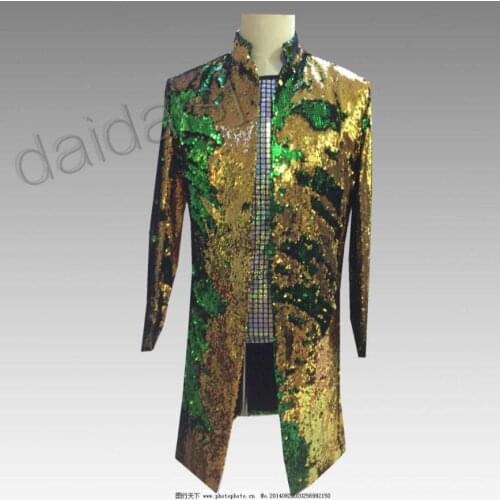 S-5xl New Mens Flip Suits Dress Sequin Costumes Stand Collar Blazers Long Coat Bar Nightclub Dj Stage Host Singer Clothing