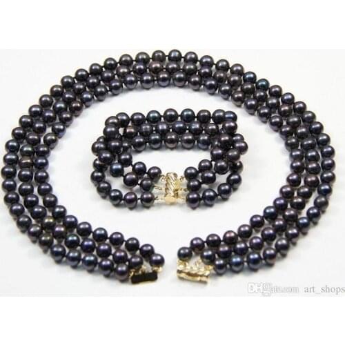 S116 New 3 rows AA 8-9mm white black fresh water round pearl necklace bracelets>>> Free shipping