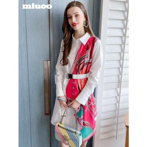 Irregular printed silk scarf stitching high waist belt waist shirt dress 2021 Spring new High Quality Top Quality