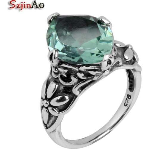 Szjinao wholesale fashion boutique like moonght aquamarine gems carved antique jewelry 925 sterling silver ring women