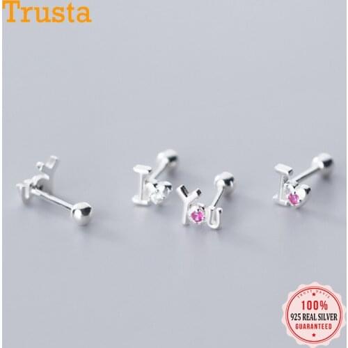 Trustdavis Real 925 Sterling Silver Fashion Asymmetric I Love You CZ Screw Stud Earrings For Women Wedding Party Jewelry DA151