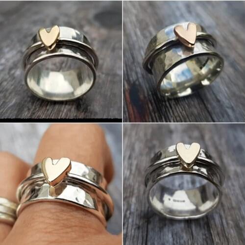 Creative Heart-shaped Womens Ring Fashion Retro Two-color Silver Color Handmade Ring Simple Party Girlfriend Accessories