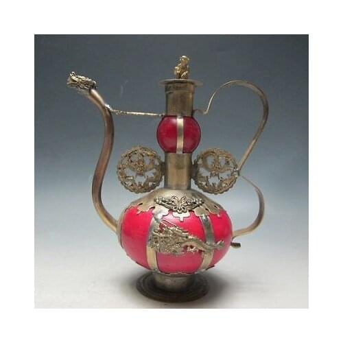 Decorated silver Chinese handwork old tibet silver dragon teapot Monkey shipping tools wedding Decoration Brass