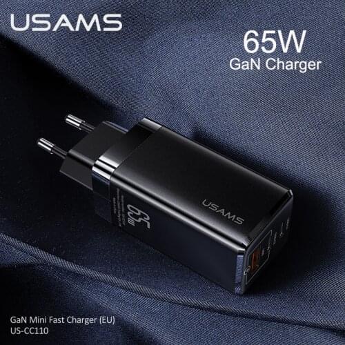 USAMS 65W GaN Fast Charging Mobile Phone Charger For iPhone Huawei Samsung Xiaomi Tablet Laptop Type C USB PD3.0 QC3.0 Charger
