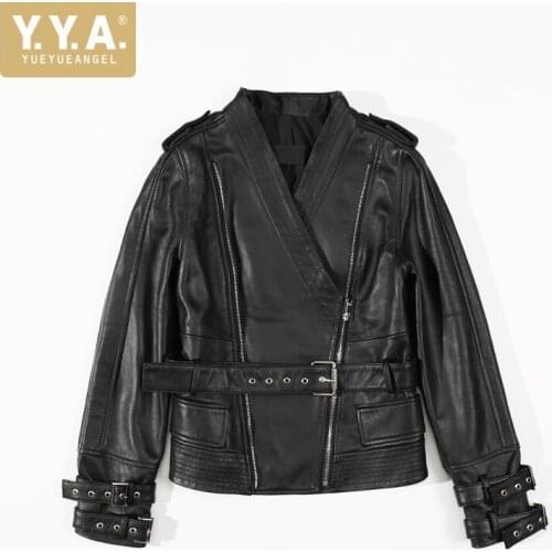 High Quality Leather Jacket Women Natural Sheepskin Real Leather Coat Office Ladies Short Autumn V Neck Belted Slim Fit Jacket