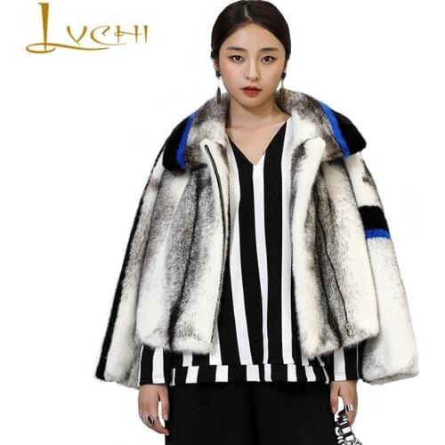 LVCHI Winter 2019 Striped Zipper Mink Fur Coats Womens Turn-Down Collar Long Sleeve Contrast Color Causal Cross Mink Coats