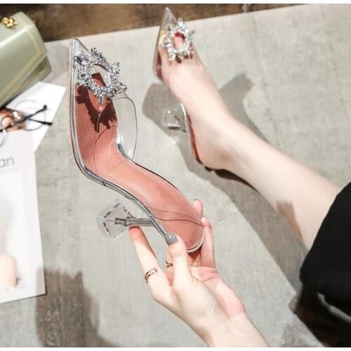 Women Pumps Elegant Pointed Toe Rhinestones High Heels Wedding Shoes Crystal Clear Heeled Slingback Pumps Sandals