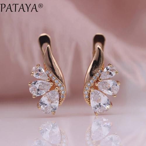 PATAYA New Wedding Earrings Women Fashion Party Fine Jewelry 585 Rose Gold White Three Water Drop Natural Zircon Dangle Earrings