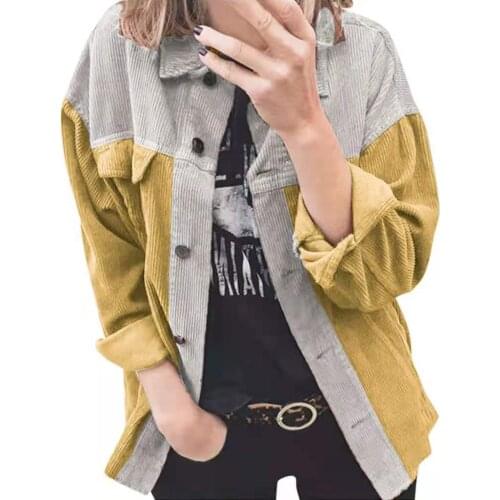 Winter Corduroy Jacket Woman Patchwork Turn-down Collar Button Cardigan Loose Casual Streetwear Korean Style Rib Pocket Coat Top