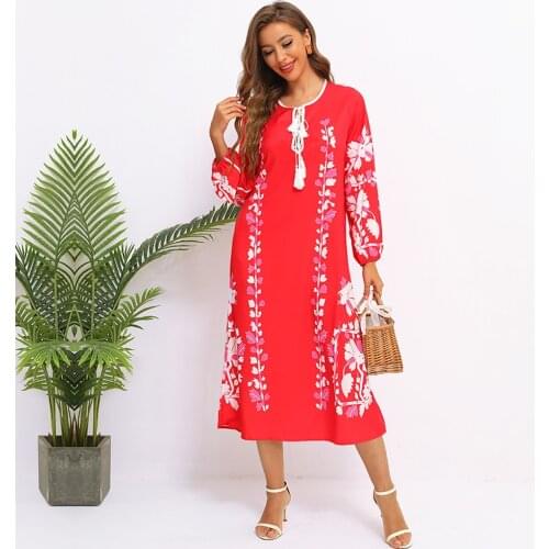 Fridayin Female Bohemian Vintage Chic Embellished Print O-Neck Cotton Long Dress Fashion Sexy Tassel Vestidos