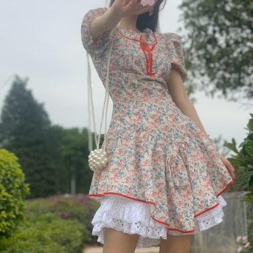 French Vintage Fairy Floral Dress Women Lace Patchwork Korean Party Mini Dress Summer Sweet Print Kawaii Japanese Dress 2021 New