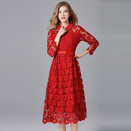 2020 Spring Fall Womens High Waisted Red Black 4xl 5xl Dress , Autumn Female Woman Flower Hollow Out Long Dresses