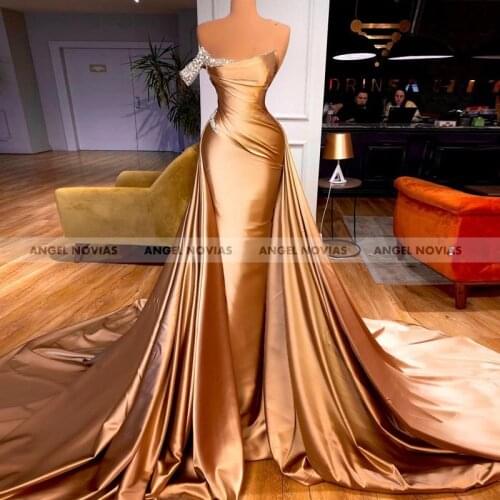 New Arrival Long Mermaid Champagne Evening Dress 2021 One Shoulder with Detachable Skirt Arabic Prom Gowns Robe De Soiree 2020